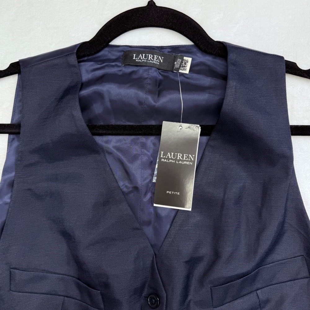 Lauren Ralph Lauren Womens Navy Blue V-Neck Vest Cinch Back Size 14P Petite NEW - Picture 4 of 12